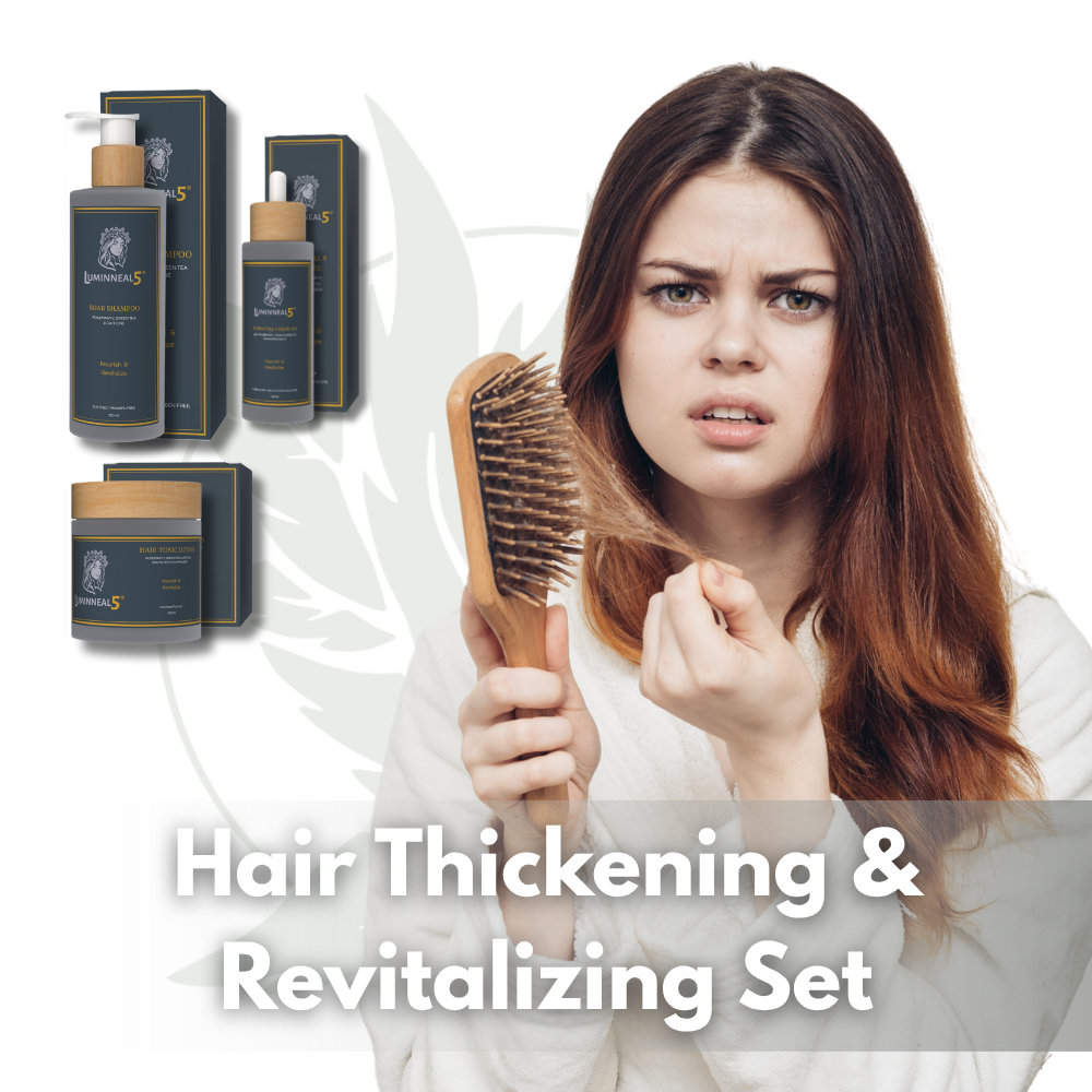 Woman with thin hair holding a brush, with hair thickening and revitalizing set products displayed. (luminneal5 Hair Thickening & revitalizing Set)