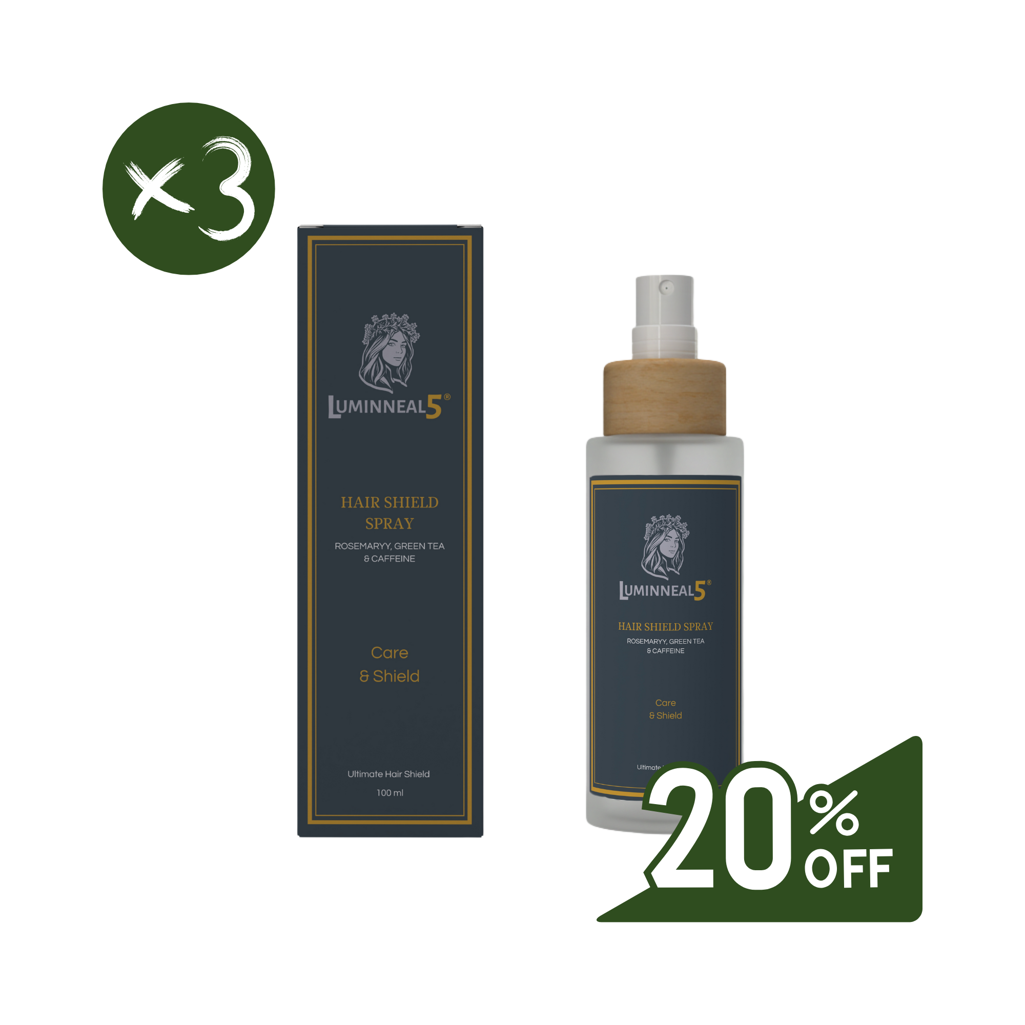 Luminneal5 Hair Shield Spray care product with packaging and spray bottle on a white background