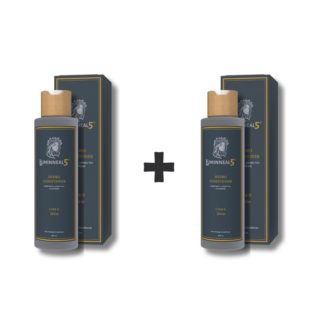 Two bottles of Lumineal5 hair hydro conditioner with packaging on a white background