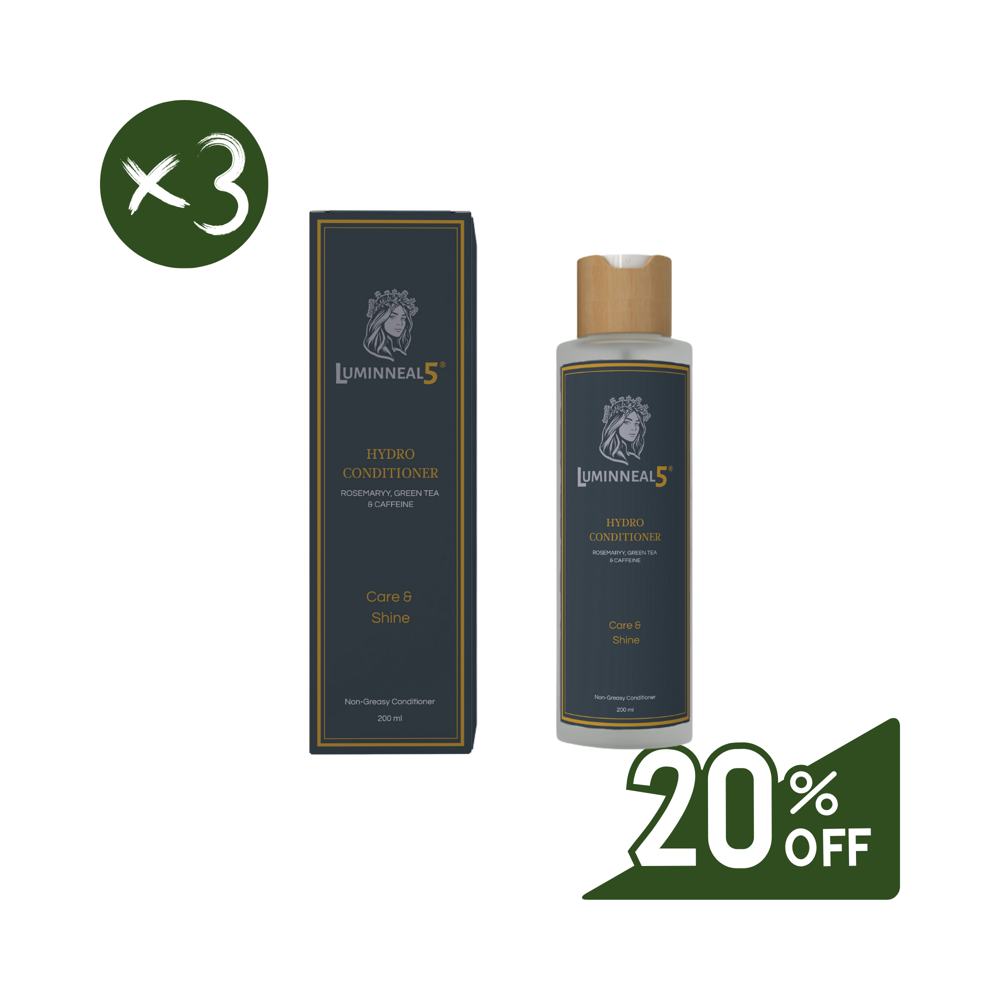 Luminneal5 hydro conditioner bottle and box with a 20% off discount on a white background