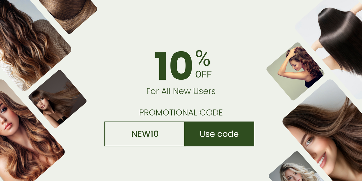Promotional banner with hair extensions and a 10% discount offer for new users.