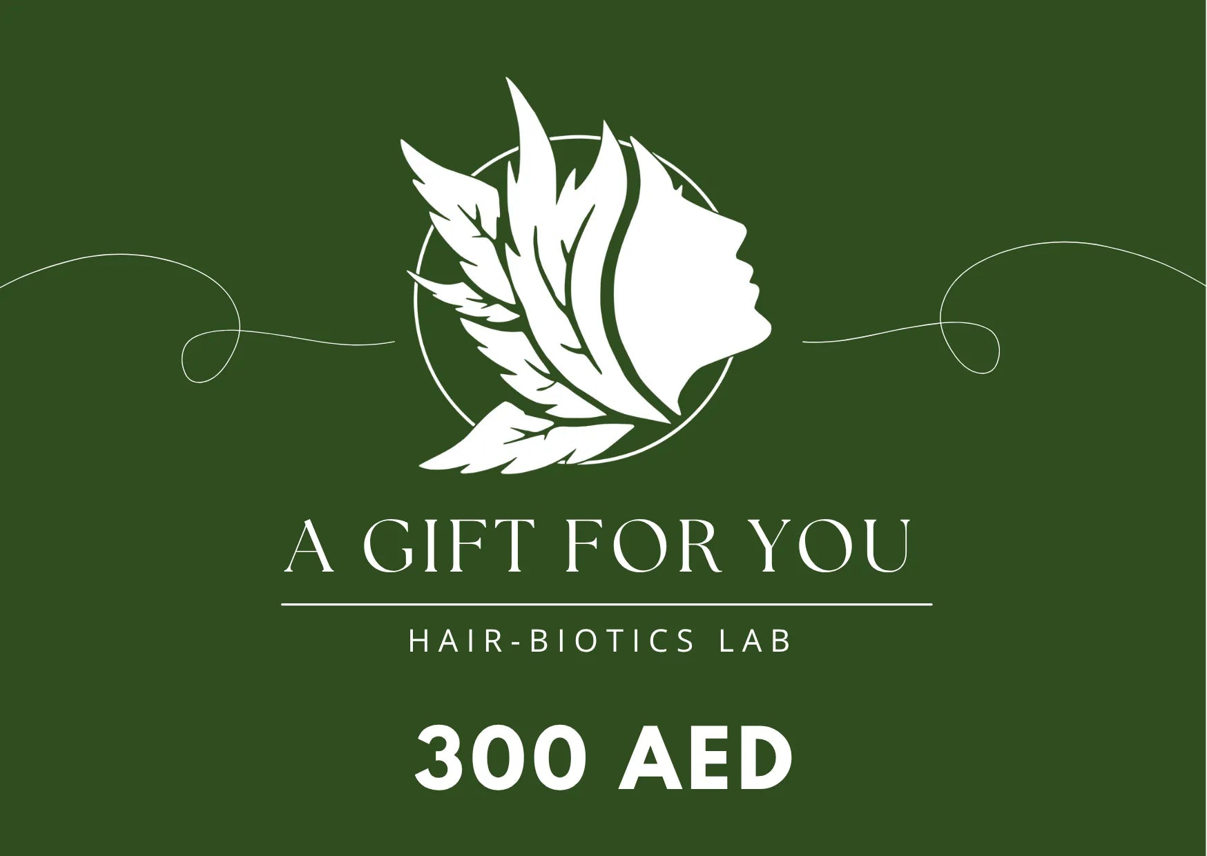 Gift certificate for 'Hair-Biotics Lab' with a green background and white text. 300 AED - HBL Gift Card product_type vpwvuf-su.myshopify.com 300 AED - HBL Gift Card  vpwvuf-su.myshopify.com