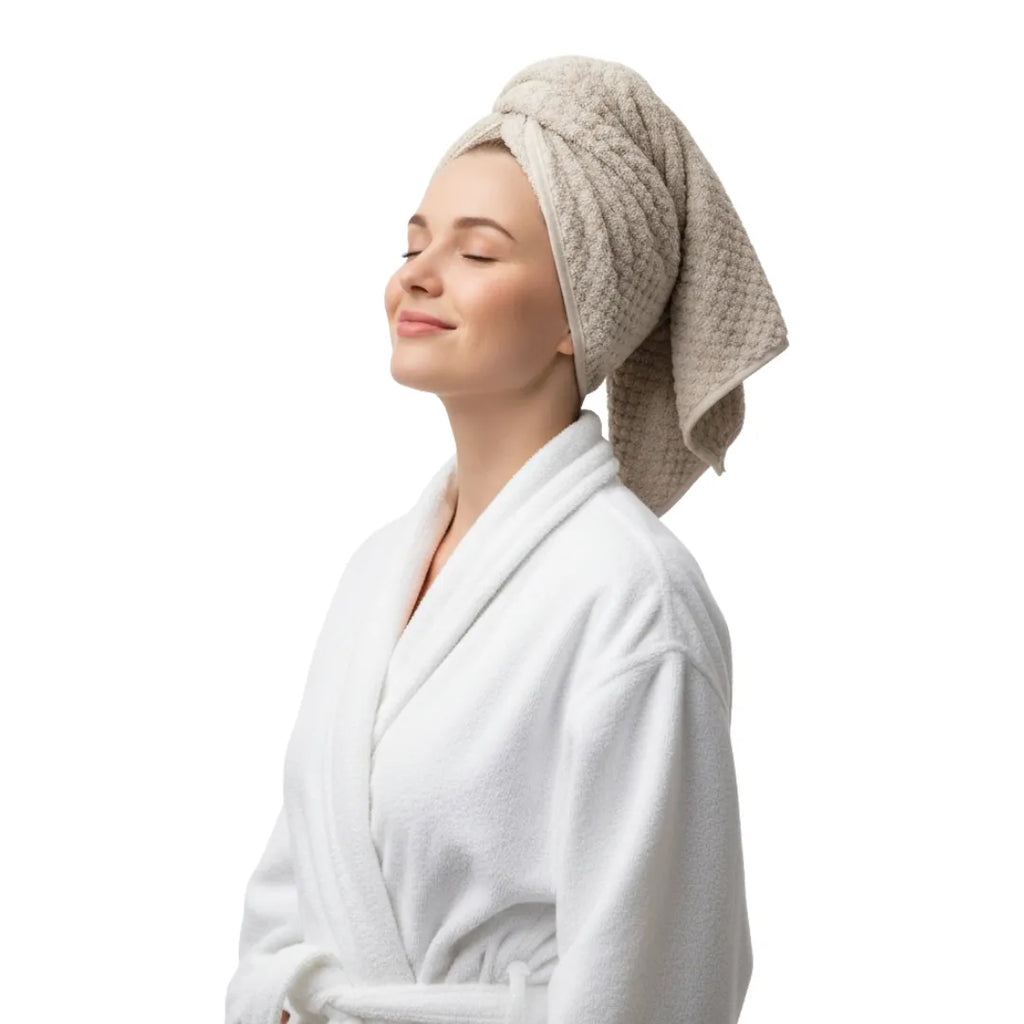 Woman wearing a white robe and beige towel wrapped around her head on a white background (Luminneal5 Hair Towel) Luminneal5 Microfiber Hair Towel – Quick Dry, Anti-Frizz Ultra Soft Wrap Hair-Care vpwvuf-su.myshopify.com Luminneal5 Microfiber Hair Towel – Quick Dry, Anti-Frizz Ultra Soft Wrap Hair-Care vpwvuf-su.myshopify.com