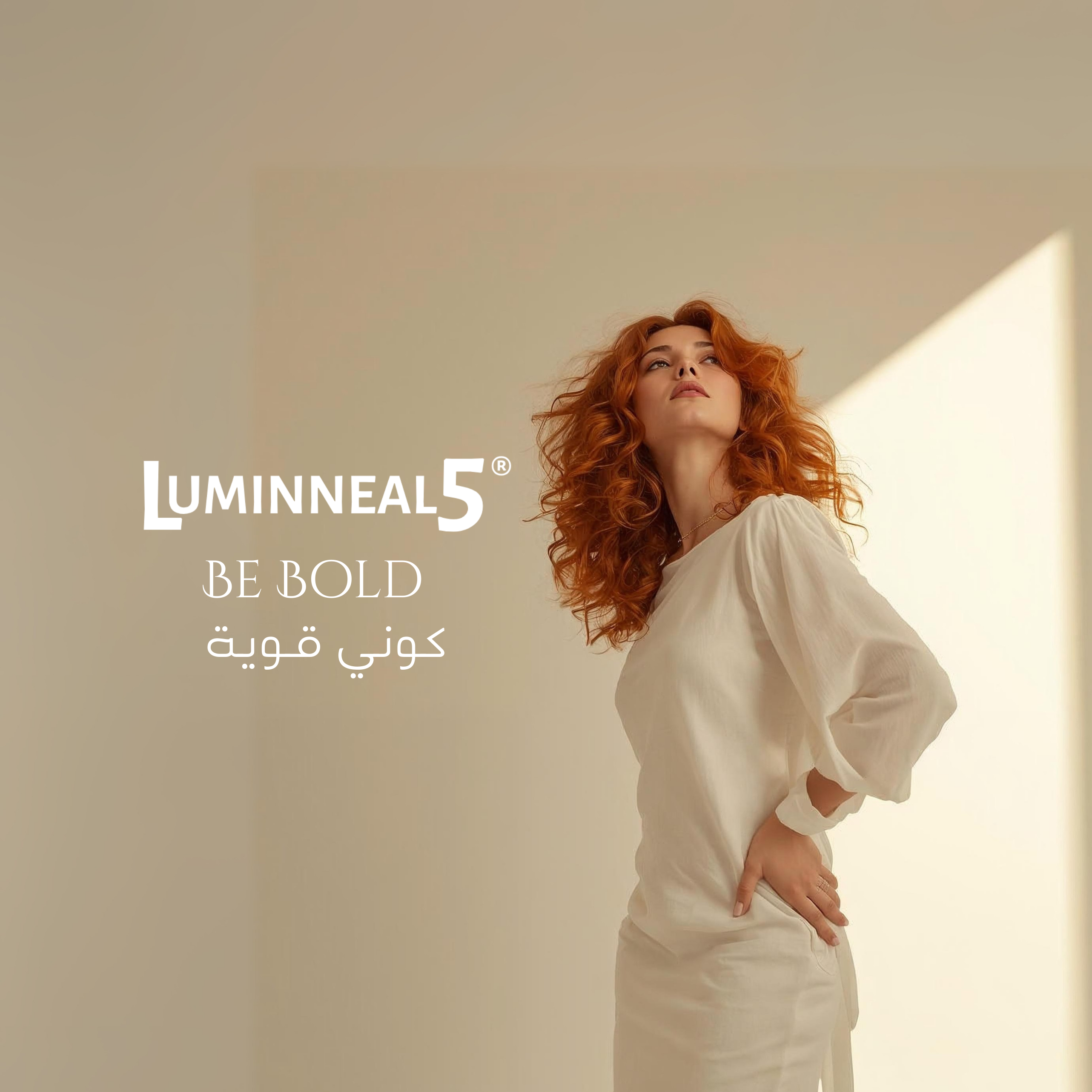 Woman with red hair wearing a white outfit against a neutral background with Luminneal5 branding.