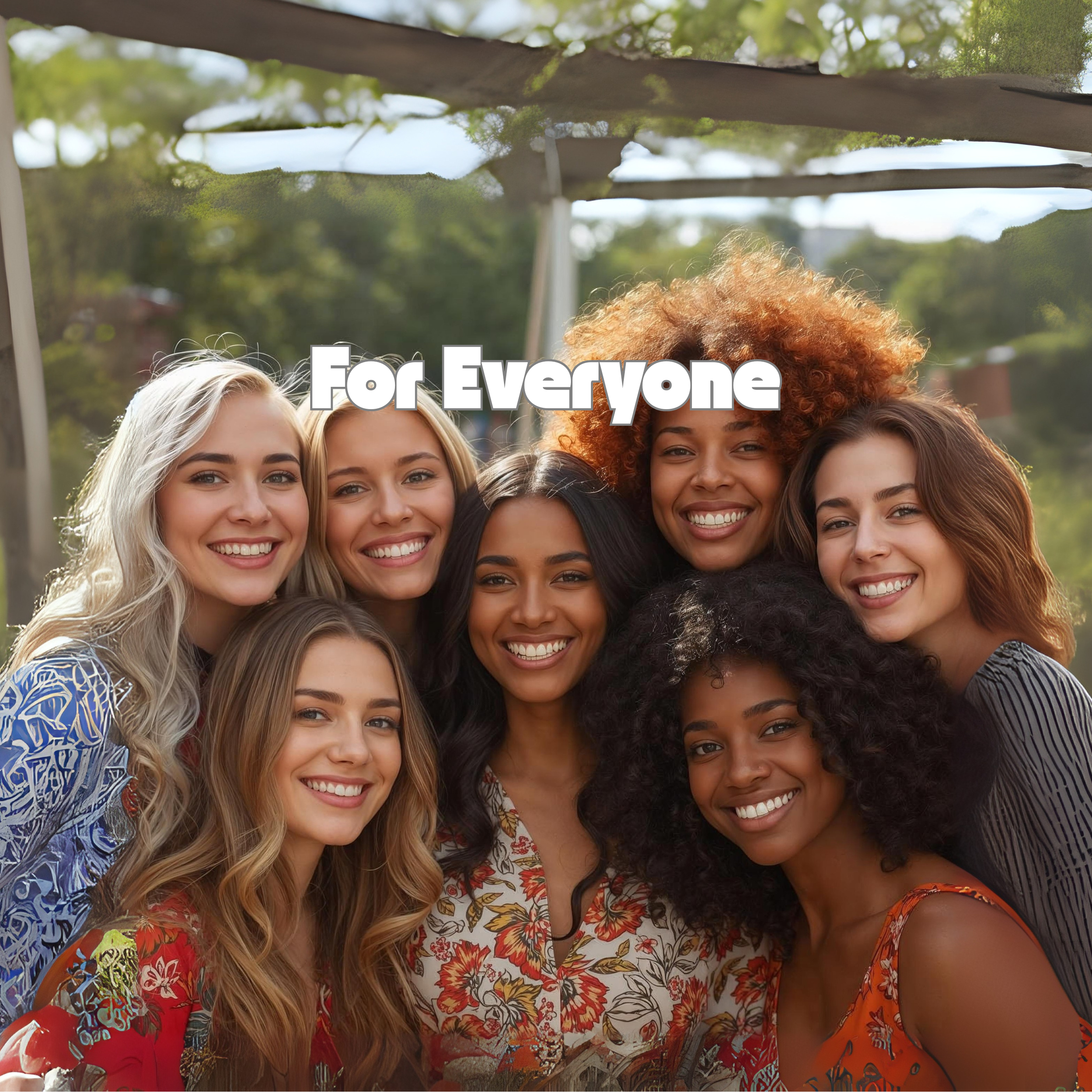 Group of seven women posing together outdoors with 'For Everyone' text overlay.