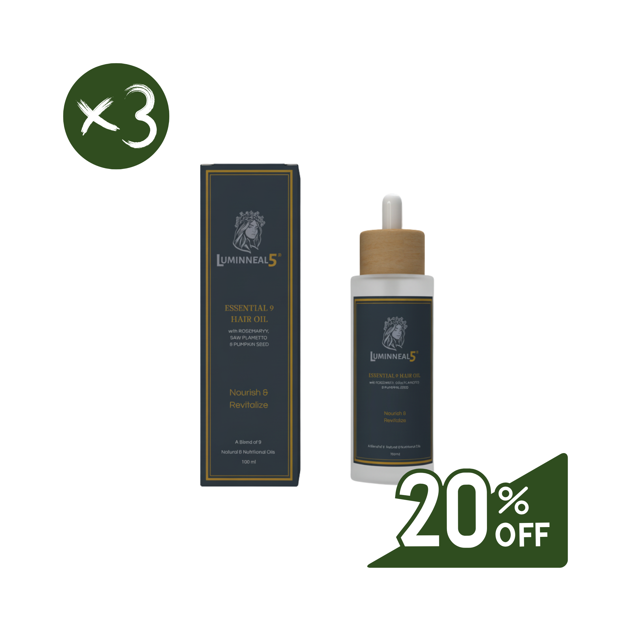 Lumineal5 essential 9 hair oil bottle and packaging with a discount label on a white background