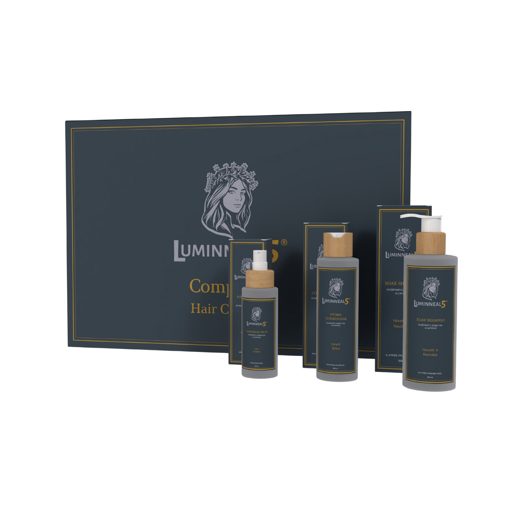 Luminneal5 hair care product set with branded box on a white background (post workout set)