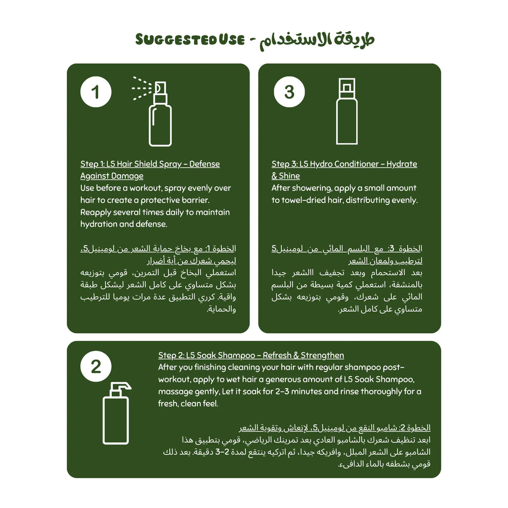 Instructions for using a hair care product with step-by-step guide on a green background. (Post workout hair Set) Post-Workout Hair Care Set Hair-Care vpwvuf-su.myshopify.com Post-Workout Hair Care Set Hair-Care vpwvuf-su.myshopify.com