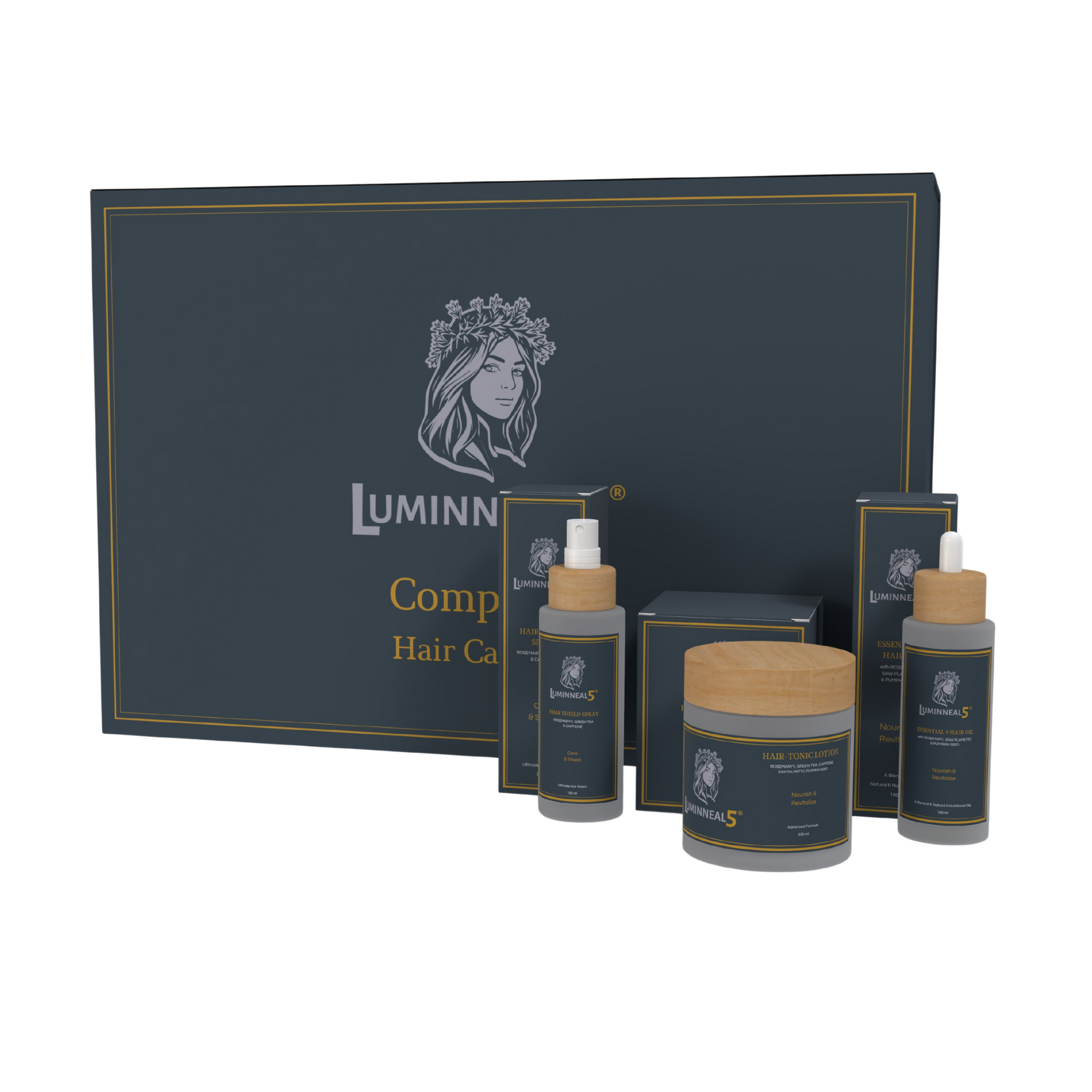 Luminneal5 hair care product set with dark blue packaging and wooden caps on a white background (Damaged Hair Set)