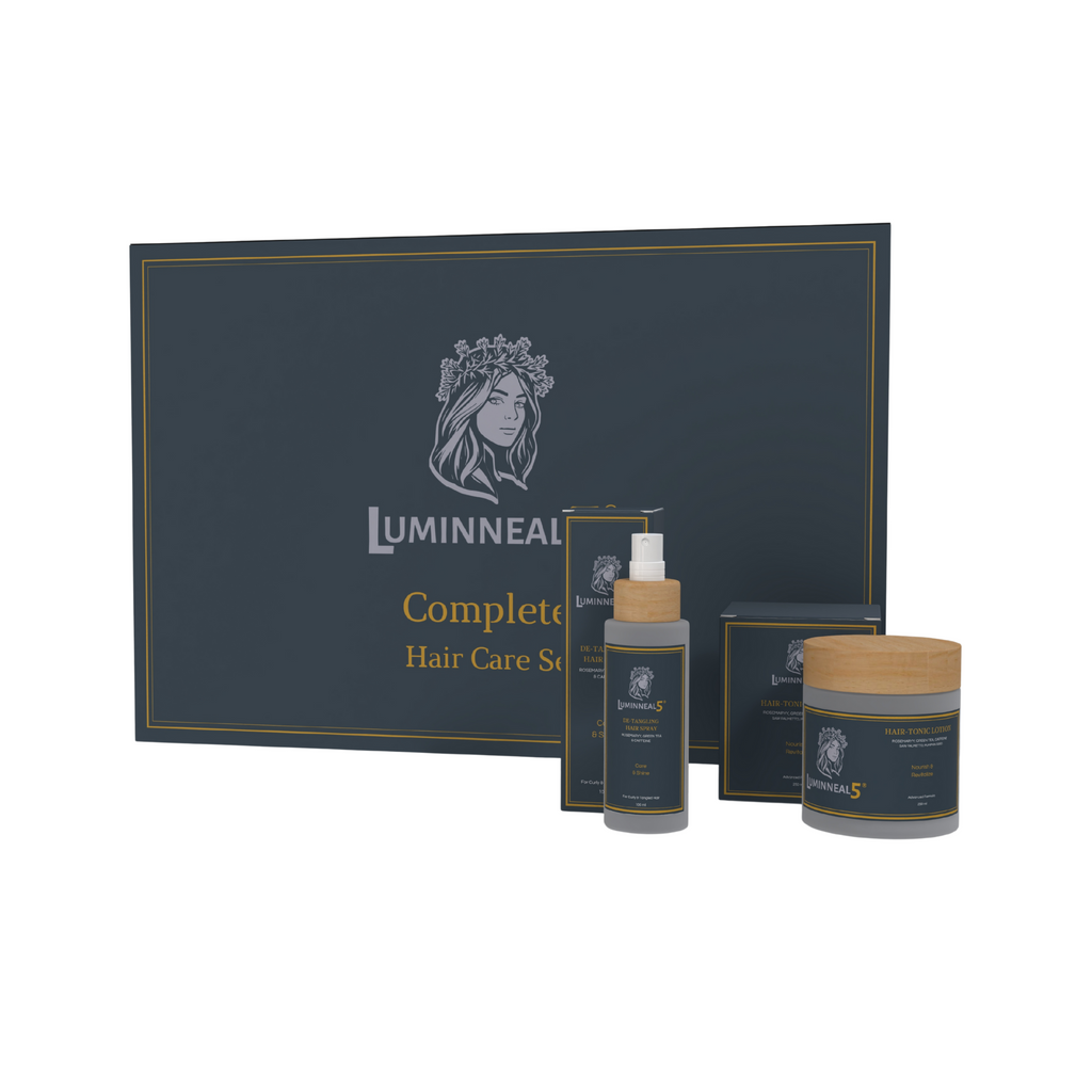 Luminneal5 hair care products including a box, bottle, and jar on a white background (Curly hair Set)