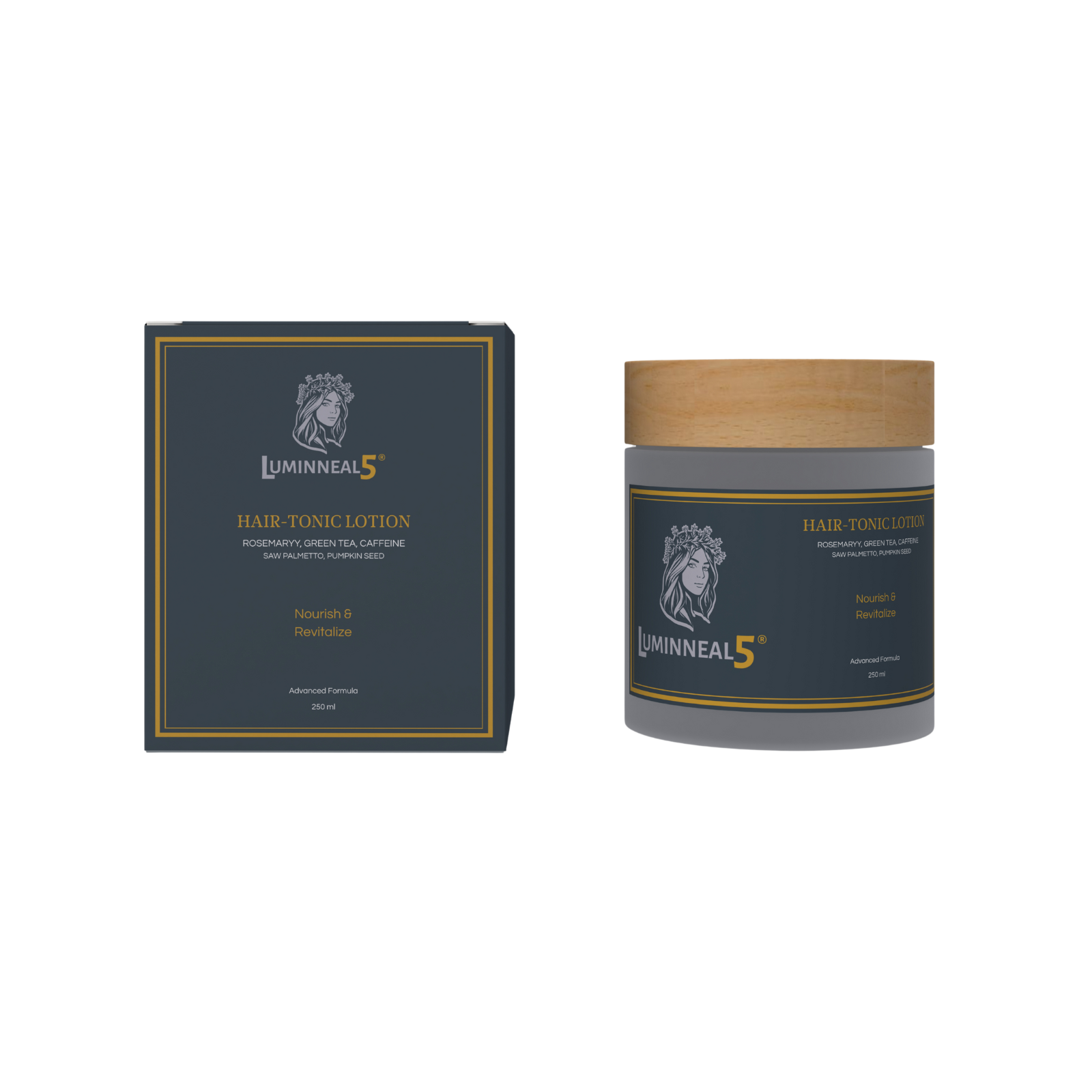 Luminineal5 hair tonic packaging with box and jar on a white background