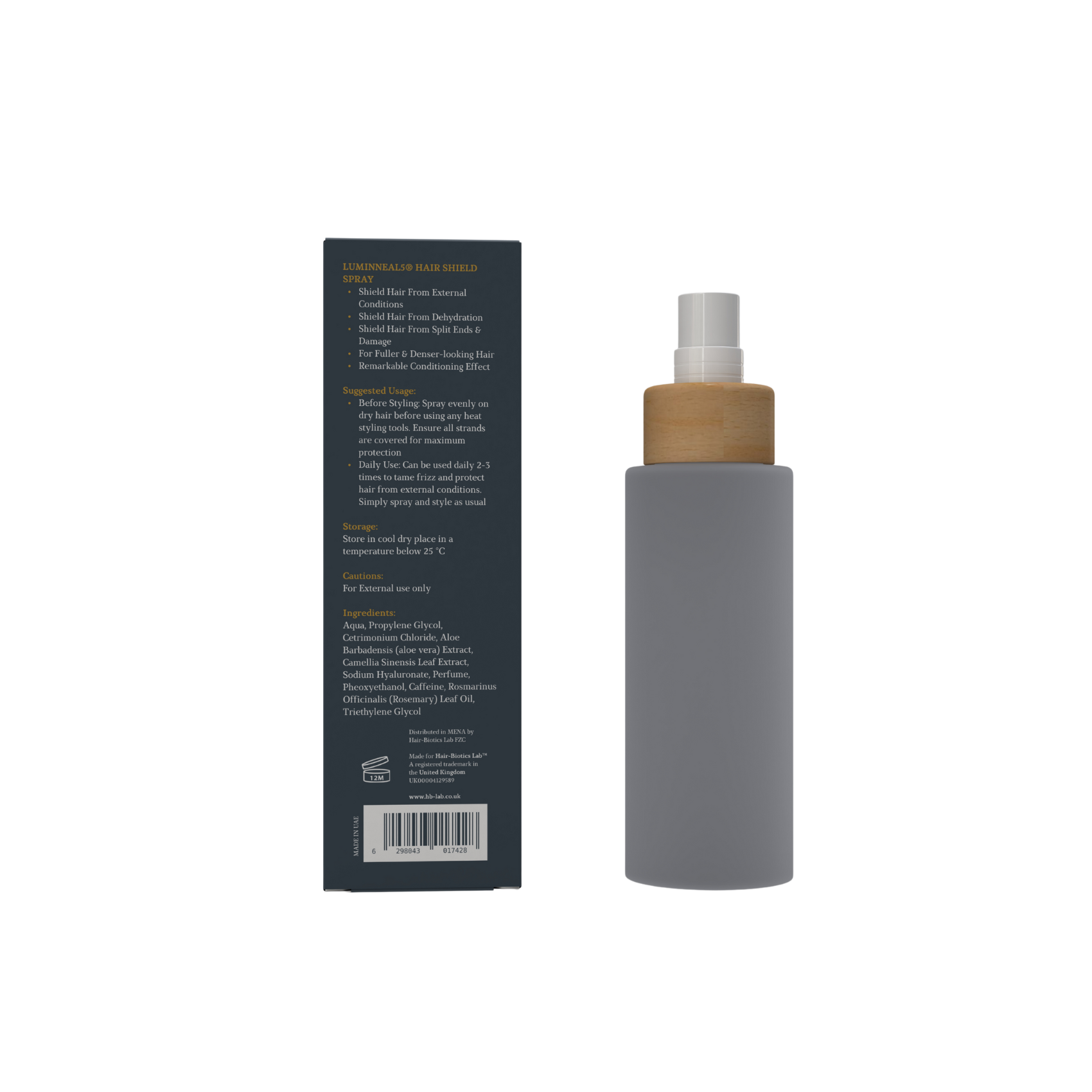 Luminneal5 Hair Shield Spray bottle with wooden cap next to its packaging on a white background