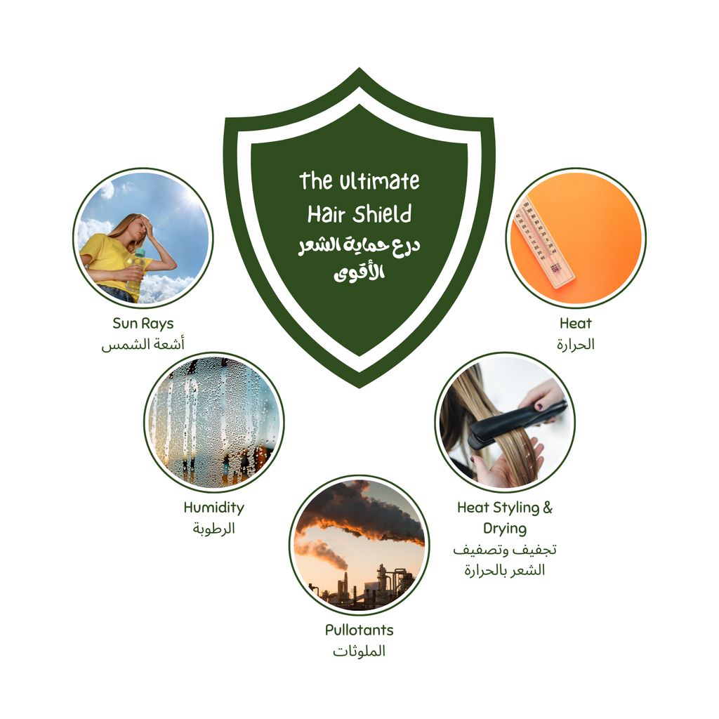 Hair care product shield with sun, heat, humidity, heat styling, and pollutants icons on a white background. Luminneal5 Hair Shield Spray