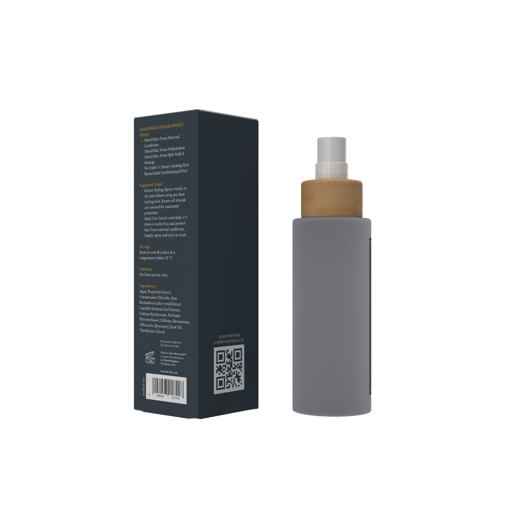 Luminneal5 Hair Shield Spray bottle with wooden cap next to its packaging on a white background