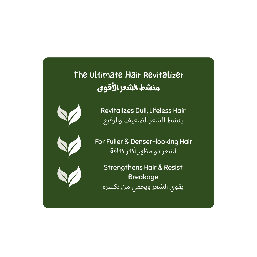 Green label for 'The Ultimate Hair Revitalizer' with text and leaf icons on a white background Luminneal5 Hair tonic Lotion