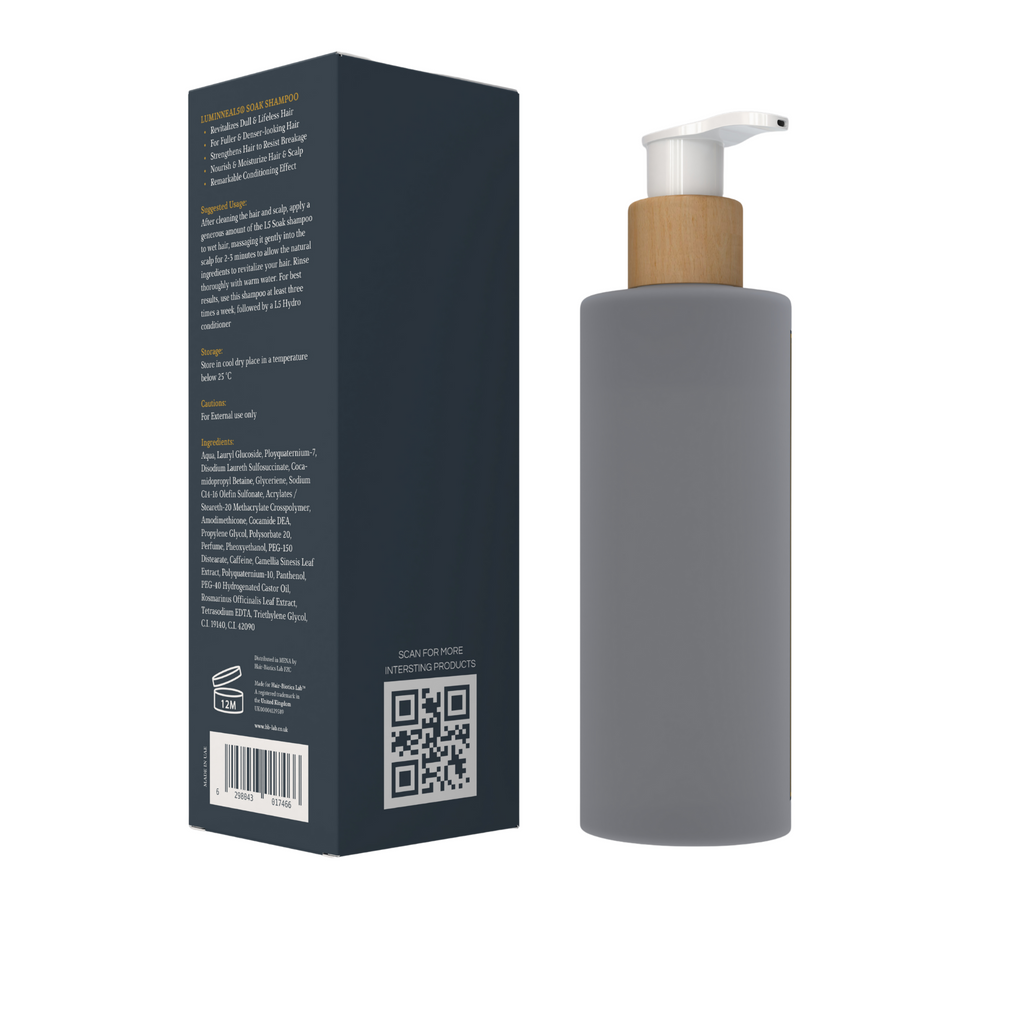 Luminneal5 Soak Shampoo bottle with pump and black box on a white background