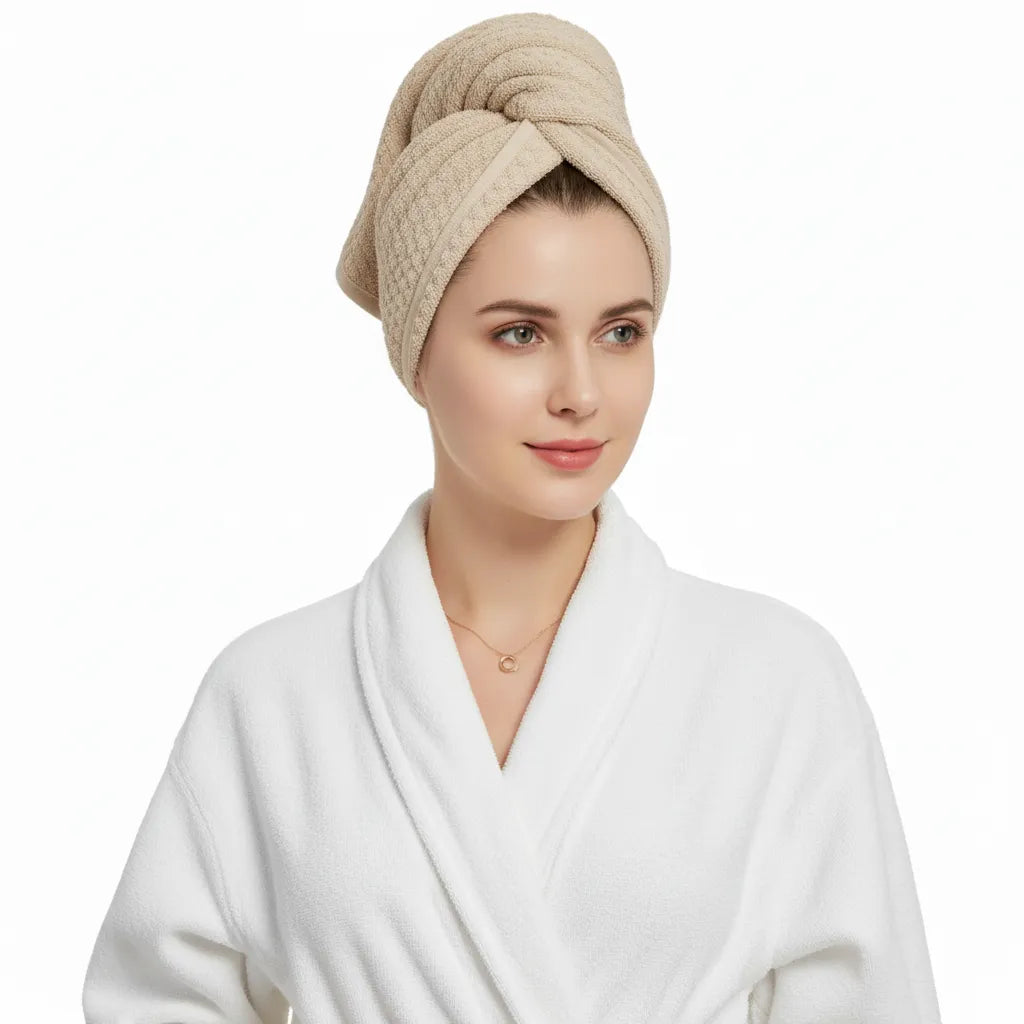 Woman wearing a luminneal5 beige towel wrapped around her head and a white robe on a white background Luminneal5 Microfiber Hair Towel – Quick Dry, Anti-Frizz Ultra Soft Wrap Hair-Care vpwvuf-su.myshopify.com Luminneal5 Microfiber Hair Towel – Quick Dry, Anti-Frizz Ultra Soft Wrap Hair-Care vpwvuf-su.myshopify.com